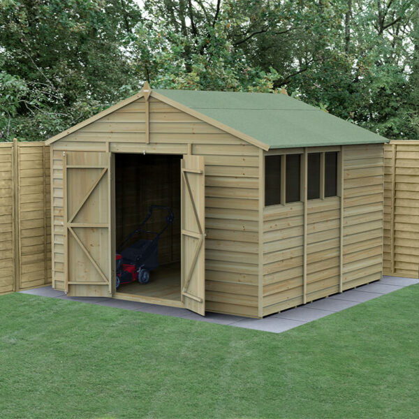 10' x 10' Forest 4Life 25yr Guarantee Overlap Pressure Treated Double Door Apex Wooden Shed (3.21m x 3.01m)