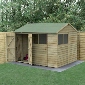 10′ x 8′ Forest 4Life 25yr Guarantee Overlap Pressure Treated Double Door Reverse Apex Wooden Shed – 4 Windows (3.01m x 2.61m)