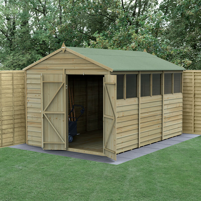 12' x 8' Forest 4Life 25yr Guarantee Overlap Pressure Treated Double Door Apex Wooden Shed (3.6m x 2.61m)