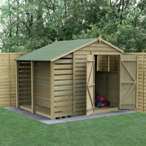 8′ x 6′ Forest 4Life 25yr Guarantee Overlap Pressure Treated Double Door Apex Wooden Shed with Logstore (2.42m x 2.64m)