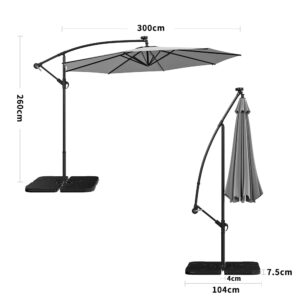 Light Grey 3m Iron Banana Umbrella Cantilever Garden Parasols with LED Lights