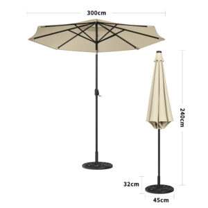 Beige 3m Patio Garden Parasol Sun Umbrella Sunshade Canopy With Solar LED Lights