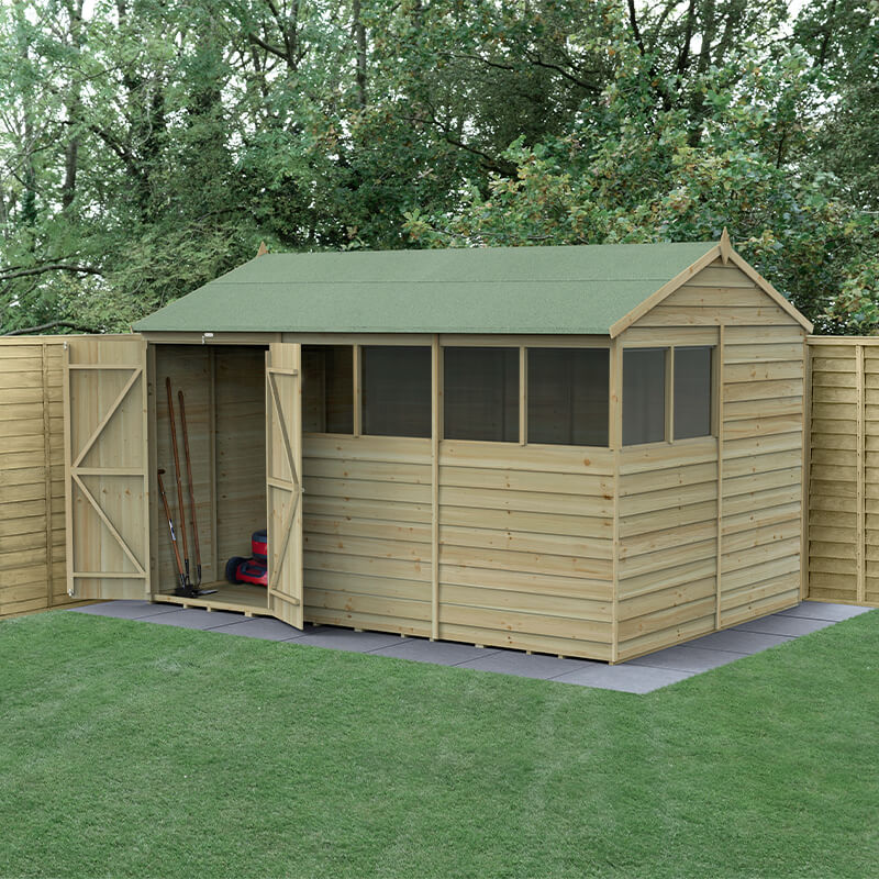 12' x 8' Forest 4Life 25yr Guarantee Overlap Pressure Treated Double Door Reverse Apex Wooden Shed - 6 Windows (3.6m x 2.61m)