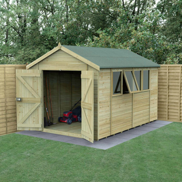 12' x 8' Forest Timberdale 25yr Guarantee Tongue & Groove Pressure Treated Double Door Apex Shed â 4 Windows (3.65m x 2.52m)