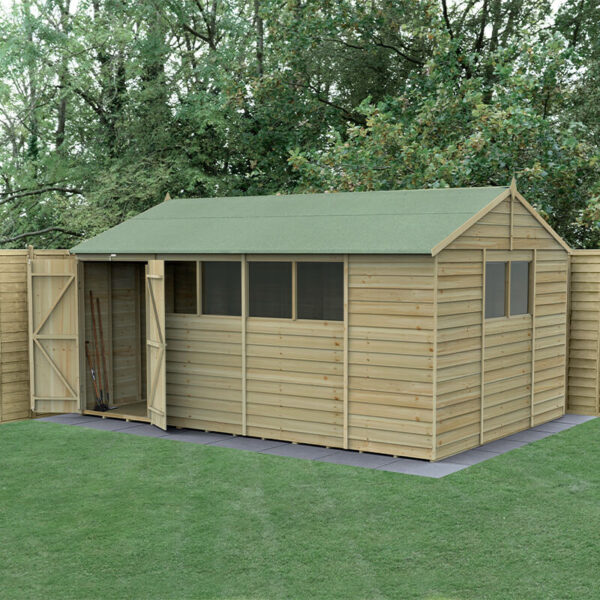 15' x 10' Forest 4Life 25yr Guarantee Overlap Pressure Treated Double Door Apex Wooden Shed - 6 Windows (4.48m x 3.21m)