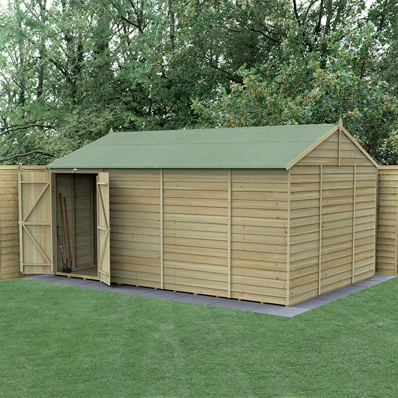 15' x 10' Forest 4Life 25yr Guarantee Overlap Pressure Treated Windowless Double Door Reverse Apex Wooden Shed (4.48m x 3.21m)