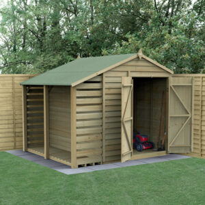 8′ x 6′ Forest 4Life 25yr Guarantee Overlap Pressure Treated Windowless Double Door Apex Wooden Shed with Logstore (2.42m x 2.64m)