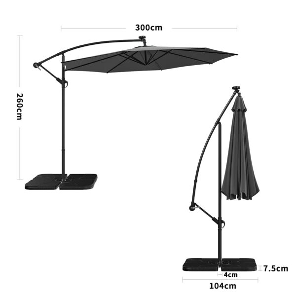 Dark Grey 3m Iron Banana Umbrella Cantilever Garden Parasols with LED Lights